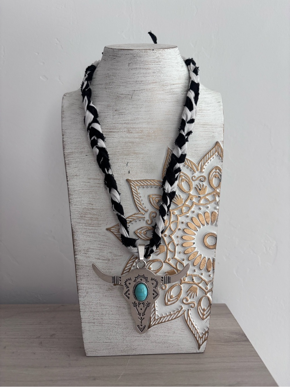 Black & White Braided Turquoise Bull Pendant Necklace